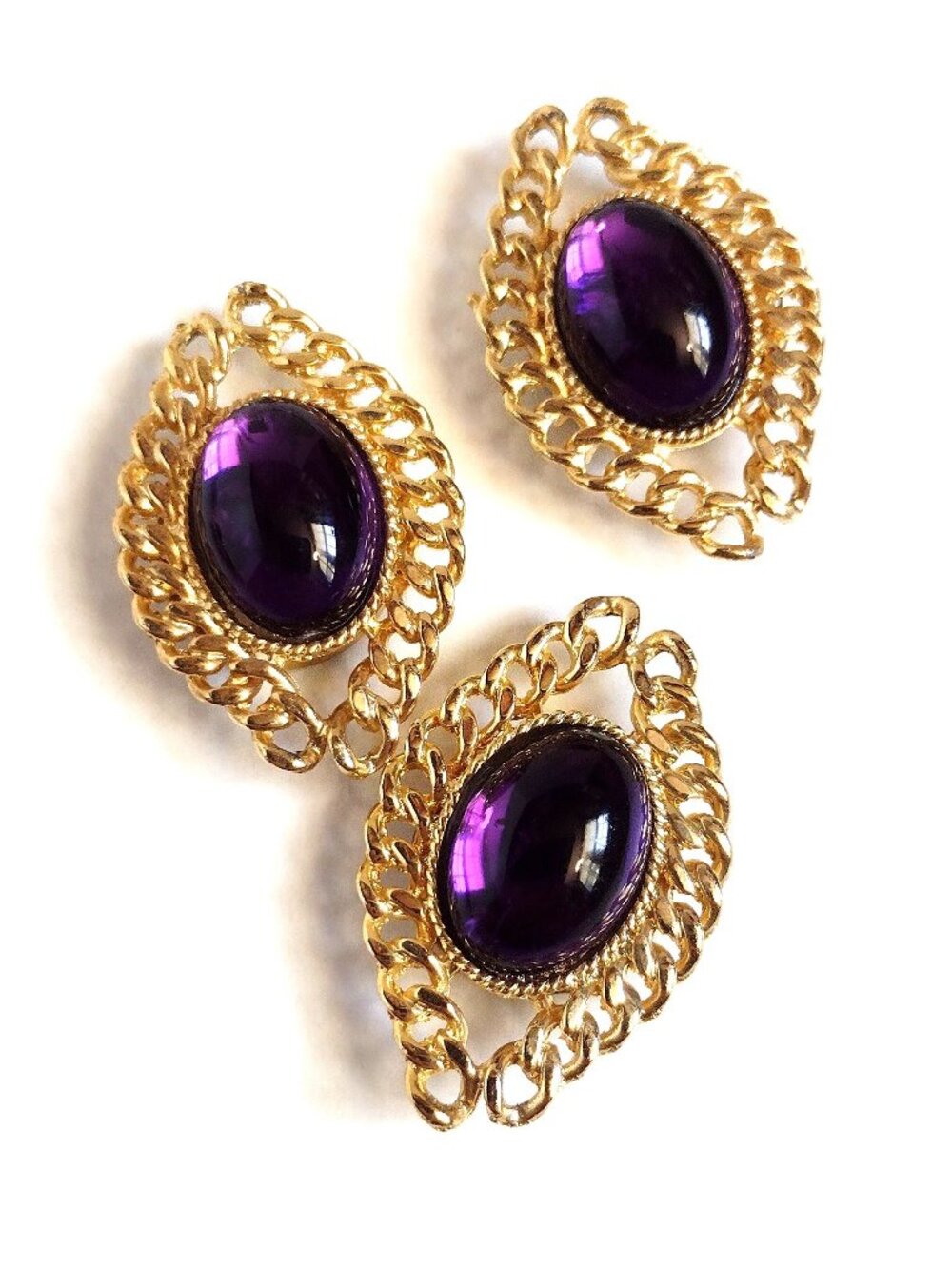 Vintage Metal Button Covers, Goldtone Chain Loop Bezel Purple Cabochon 1.5"x1"